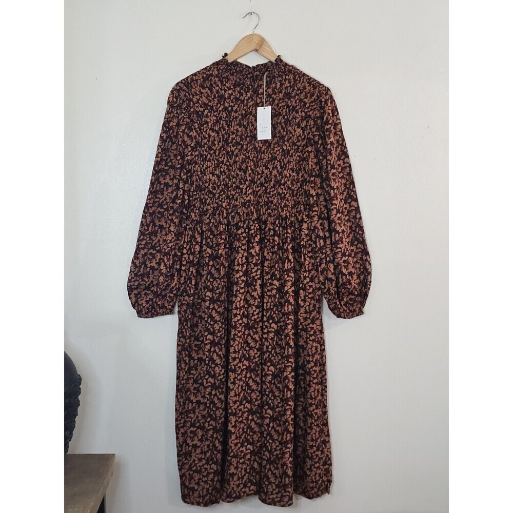 New Day Smocked Midi Dress Womens XL Brown Floral Long Sleeve Boho NWT - Picture 2 of 14